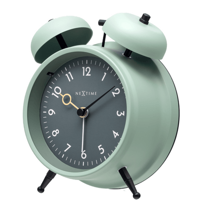 NeXtime Golden Hour alarm clock with metal frame, 12x14x6cm, shown from the right side. Stylish bedside timepiece.