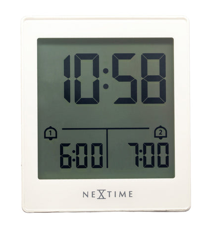 NeXtime digital table alarm clock with LED display, compact size, and "Wake Up" function in a sleek black design.