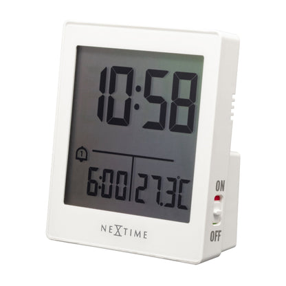 NeXtime digital table alarm clock with LED display showing time, compact size 7.7x8.9x3cm, on a white surface.