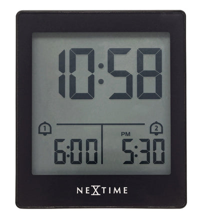 NeXtime digital table alarm clock with LED display, compact size, and "Wake Up" label, in black with clear time readout.