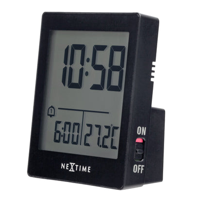 NeXtime Digital Table Alarm Clock with black display, right side view, compact size 7.7x8.9x3cm, "Wake Up" model.
