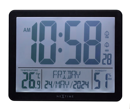 NeXtime alarm clock with digital display, weather station, and wall mount, measuring 17.3x14x2.7cm in ABS material.
