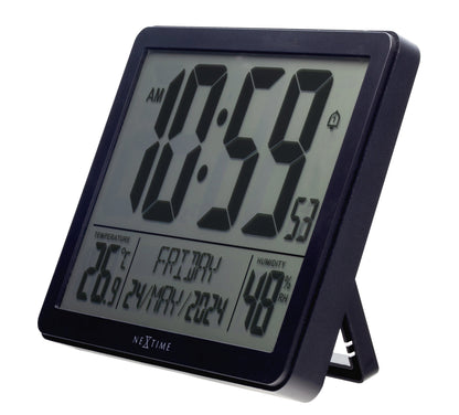 NeXtime digital alarm clock with weather station features, showing time and weather display on a compact 17.3x14x2.7cm ABS clock