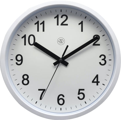 NeXtime Clocks wall clock, 25.5 cm diameter, plastic construction with a robust design, featuring a modern face and clear clock hands.