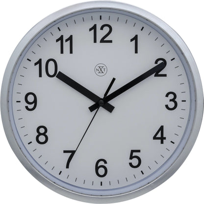 NeXtime Clocks wall clock, 25.5 cm diameter, plastic case, robust design, front view showing black clock face and white hands.
