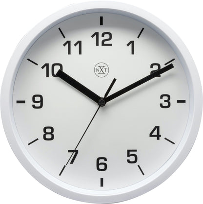NeXtime Clocks Easy Small 20cm plastic wall clock with black hour and minute hands, white face, and simple design.