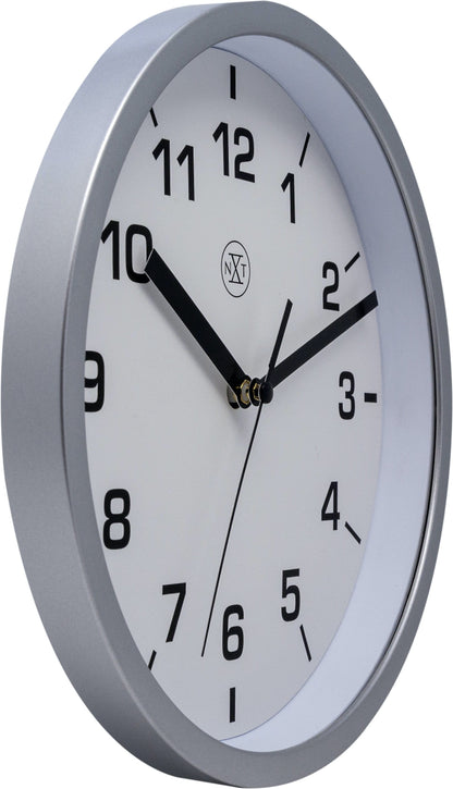 NeXtime Clocks Easy Small 20cm wall clock with plastic frame, showing a minimalist design and left side view.