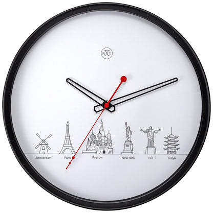 NeXtime Clocks wall clock, 30cm plastic design with world map motif, titled 'Worldtour', featuring a modern, decorative timepiece.