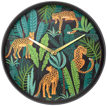 NeXtime Clocks urban jungle themed wall clock, 30 cm plastic design with vibrant jungle pattern, front view image.
