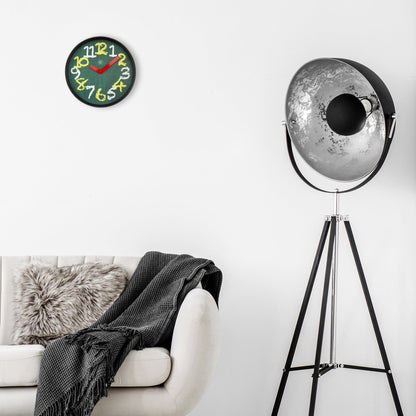 Green 30cm NeXtime Clocks wall clock with silent mechanism and chalkboard surface, made of plastic.