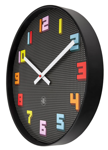 NeXtime Clocks black and multicolour 35cm silent wall clock with game-themed design, showing side view with colorful details