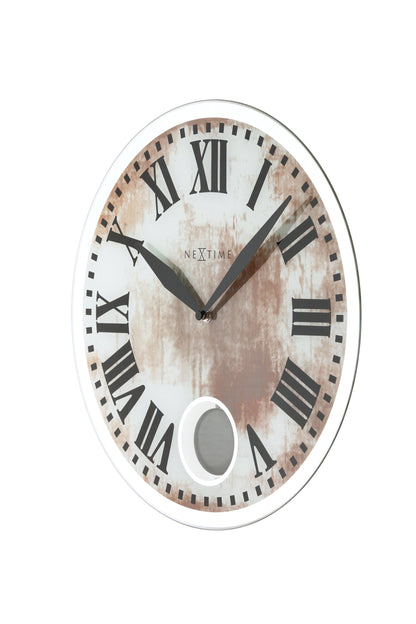 NeXtime Clocks Romana wall clock, 43x4.2 cm with glass face, showcasing elegant Roman numerals and sleek design.
