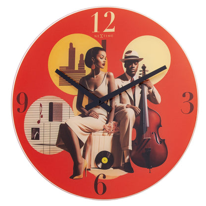 NeXtime Clocks Jazz wall clock, 43cm silent multicolour design with glass face, modern style, front view image.