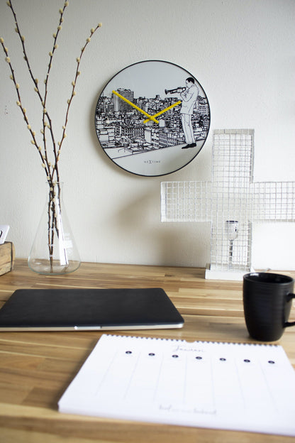 NeXtime Clocks Wall Clock, 40 cm diameter with glass and metal, featuring a Trumpet City design.