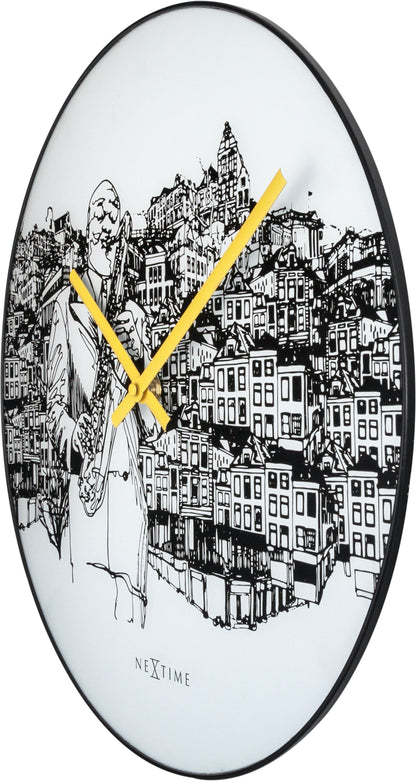 NeXtime Clocks Sax City wall clock, 40 cm diameter, glass and metal design, right side view with modern style.