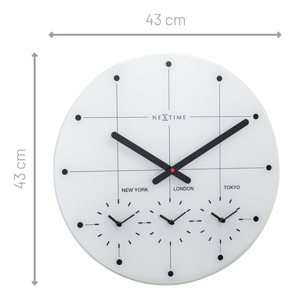 NeXtime Clocks Big City wall clock, 43cm silent glass clock with bold design and black numerals on a white face.