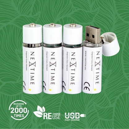 Two NeXtime Clocks USB batteries, AA size, rechargeable battery pack with two units for electronic devices or clocks.