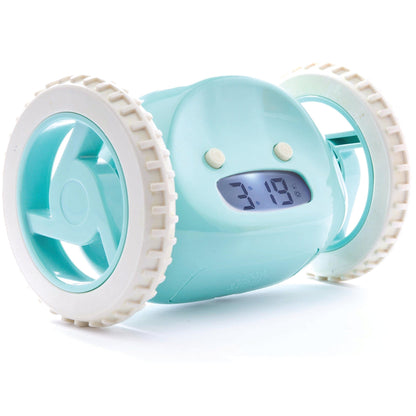NeXtime Clocks Clocky Blue alarm clock on wheels with digital display, vibrant aqua color, and playful design.