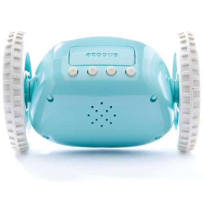 NeXtime Clocks Clocky Blue alarm clock on wheels with digital display and blue casing, designed to wake you up creatively.