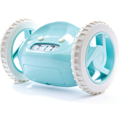 Blue Clocky alarm clock from NeXtime Clocks with wheels, showing the playful, mobile design and digital display.