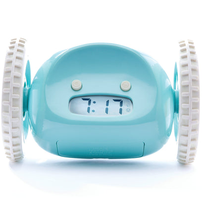 NeXtime Clocks Clocky Blue alarm clock on wheels with digital display and vibrant aqua color, designed to wake you up with movement.