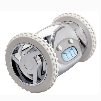 NeXtime Clocks Clocky Chrome alarm clock on wheels with digital display and sleek chrome finish.