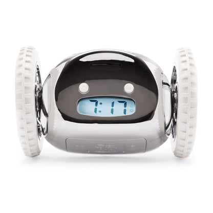 NeXtime Clocks Clocky Chrome alarm clock on wheels with shiny chrome finish and digital display.