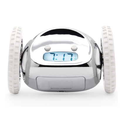 NeXtime Clocks Clocky Chrome alarm clock on wheels with a sleek chrome finish and digital display.