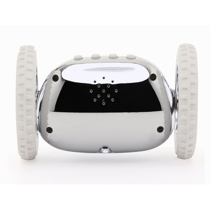 Chrome alarm clock on wheels by NeXtime Clocks featuring a modern design and digital display.