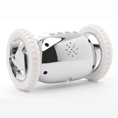 NeXtime Clocks Clocky Chrome alarm clock on wheels with a shiny chrome finish and digital display.