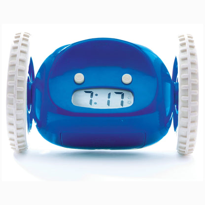 NeXtime Clocks Clocky Navy alarm clock on wheels with digital display and buttons, designed to move around when ringing.