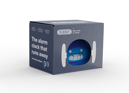 Navy blue NeXtime Clocks Clocky alarm clock on wheels with digital display and snooze button, designed for easy bedside use.