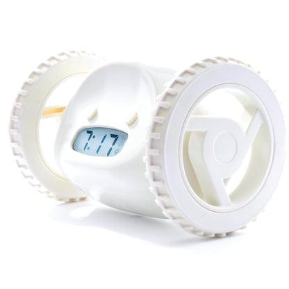 White NeXtime Clocky alarm clock with wheels, featuring a playful design and digital display, on a plain background.