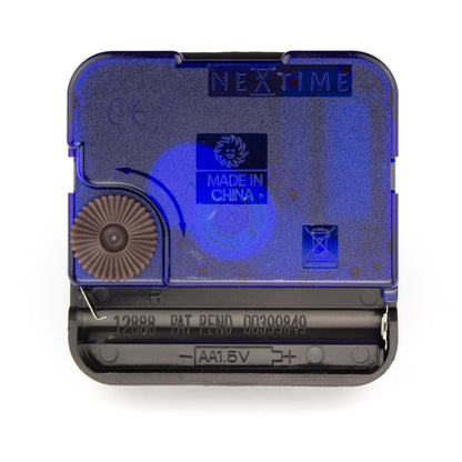 NeXtime Clocks Step Movement 23.5mm (PMYT235TP) with long shaft, showing the back side of the clock movement.