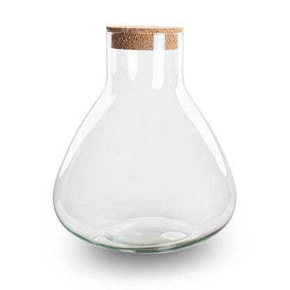 Glass terrarium bottle with cork lid, featuring lush greenery and succulents, designed for DIY terrarium projects by Florazo NL.