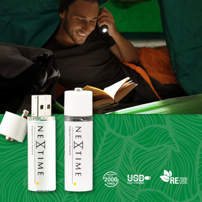 Two NeXtime Clocks USB AA batteries, standard size, with empty USB content placeholder, suitable for clock power sources.