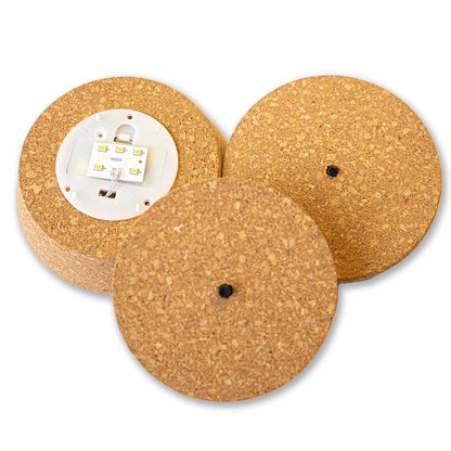 Cork with integrated LED light from Florazo NL for terrarium bottles, available in three sizes.