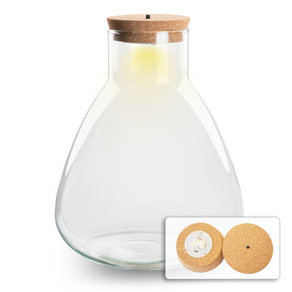Glass terrarium bottle with integrated LED cork, featuring plants and decorative elements inside for a stylish DIY terrarium by Florazo NL