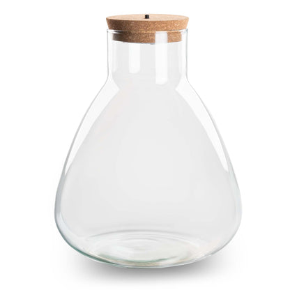 Glass terrarium bottle with LED cork light, showcasing a DIY Florazo NL terrarium with plants and decorative elements inside.