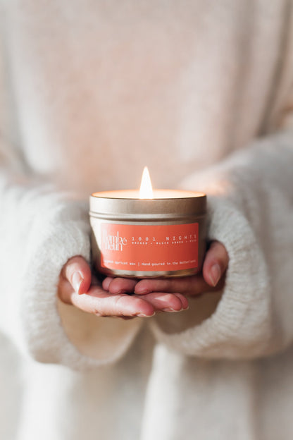 Flambé Fleuri 1001 Nights Candle in decorative tin featuring intricate floral design, perfect for ambient home decor.
