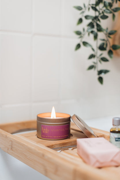 Flambé Fleuri Enchanted Rose candle in a decorative tin with a floral rose design, perfect for home decor and ambiance.