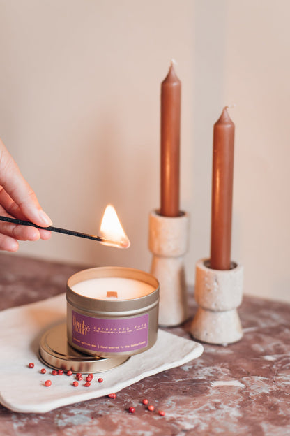 Flambé Fleuri Enchanted Rose Candle in decorative tin with a floral rose design, perfect for home decor and ambiance.