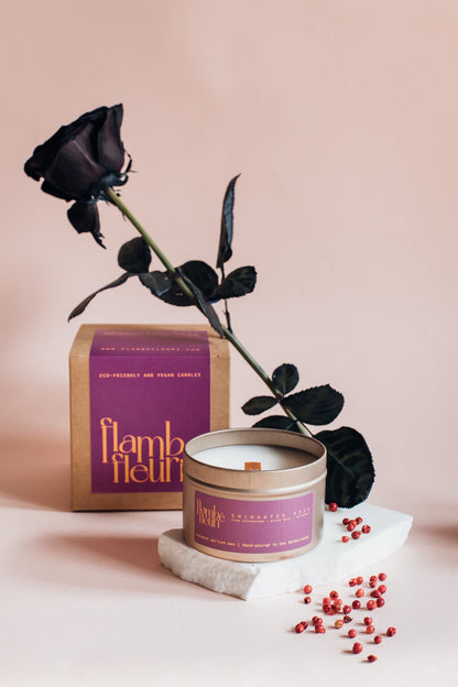 Flambé Fleuri Enchanted Rose Candle in a decorative tin with a detailed rose design, perfect for elegant home decor.